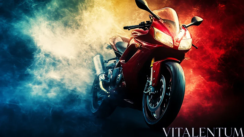 Red sport motorcycle in dynamic colored smoke scene.