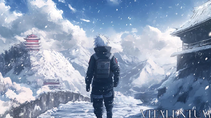 Lone shinobi crosses frozen mountain pass toward temples.