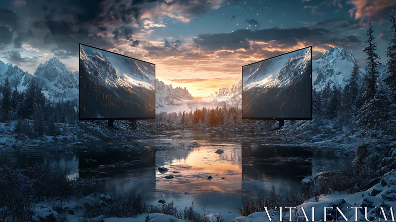Dual cinematic displays embedded in alpine winter riverine vista.