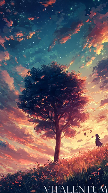 Solitary hillside tree under radiant twilight nebula sky.