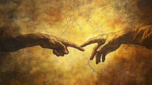 Two nearing fingers suspend time within molten golden light