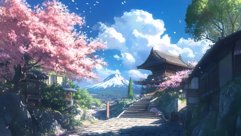 Cherry blossom temple path with distant snowcapped mountain.