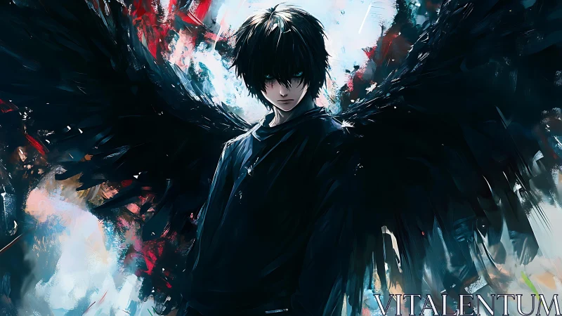 Nocturnal winged figure in dynamic chromatic turbulence.