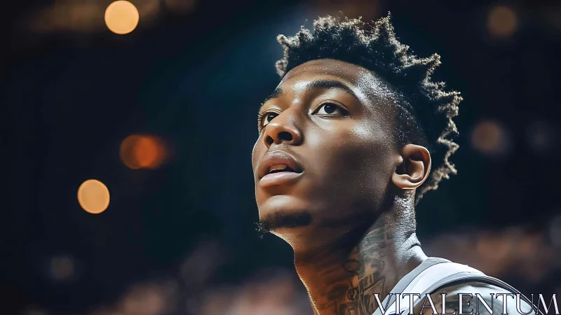 Close-up courtside portrait of focused basketball player at night