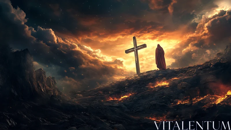 Scarlet wanderer weighs faith beneath a storm-torn heaven