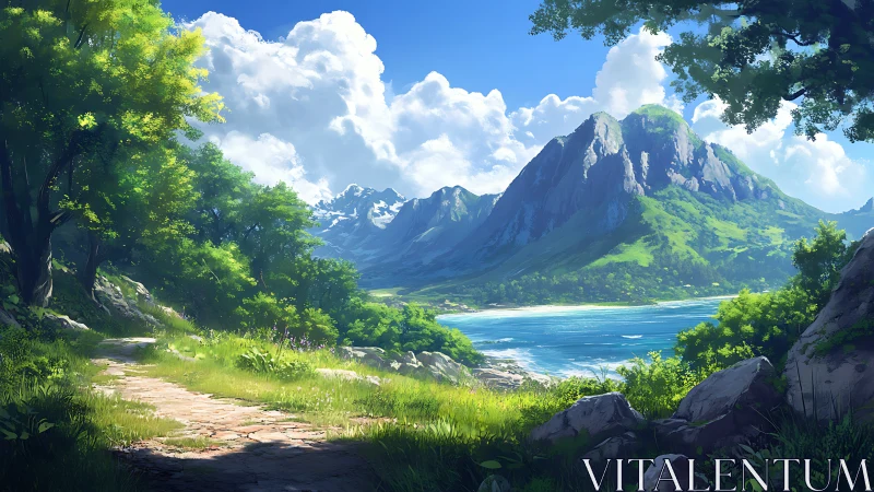 Sunlit alpine cove with coastal trail and stratified peak geometry.