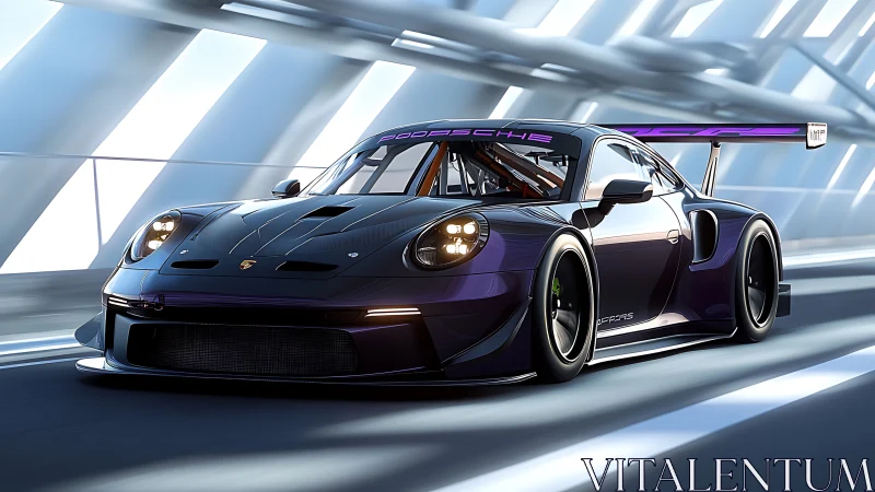 Widebody GT race car rendering in futuristic tunnel lighting
