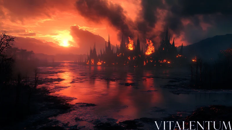 Burning Cathedral at Apocalyptic Sunset. Fantasy Destruction