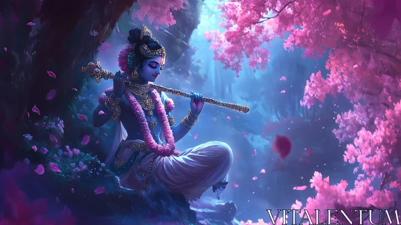 Moonlit blue deity serenades a blossom-drenched forest.
