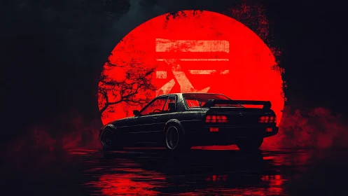 Midnight drift car under a bold red rising sun glow.
