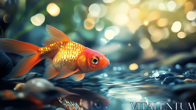 Golden koi glides through shimmering water and soft bokeh light