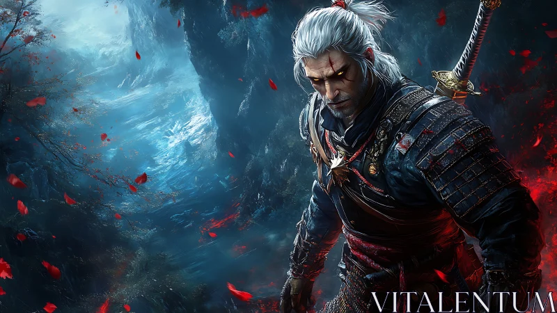 Armored warrior with white hair stands in glowing misty gorge