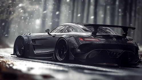 Widebody black sports car on wet forest road in snowfall.