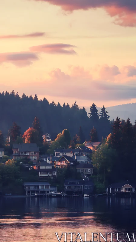 Lakeside hillside neighborhood under soft evening light.