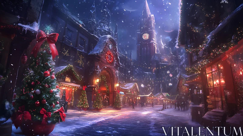 Snowy Christmas market street under tall clock tower.