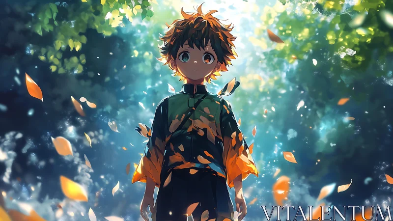 Wonderstruck young hero standing in a glowing forest moment.