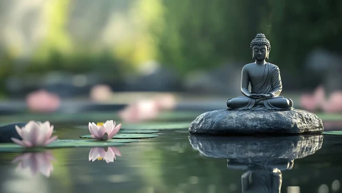 Buddha statue sits on central rock above reflective pond