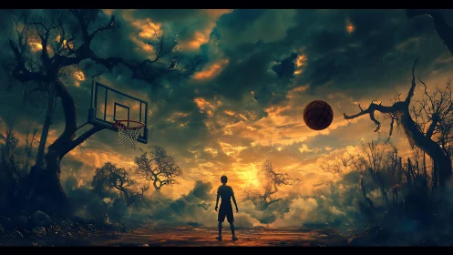 Lone player faces surreal court under burning storm sky.