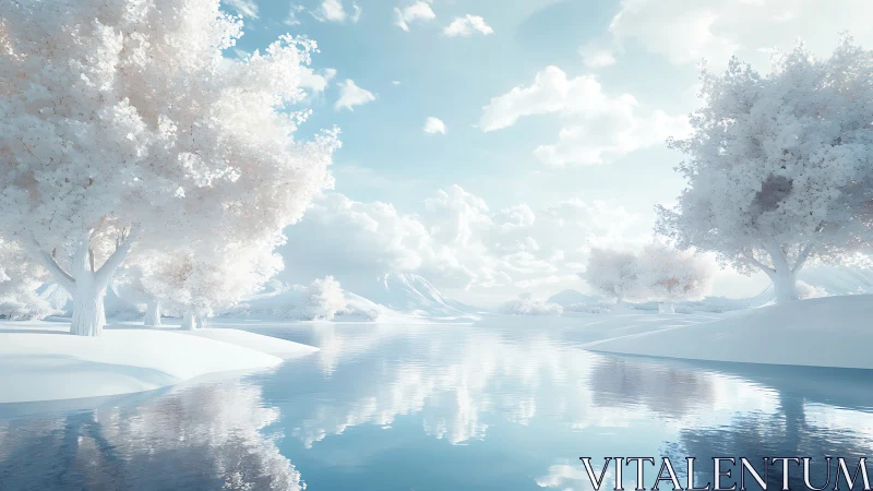 Infrared-inspired snowy river landscape with luminous trees