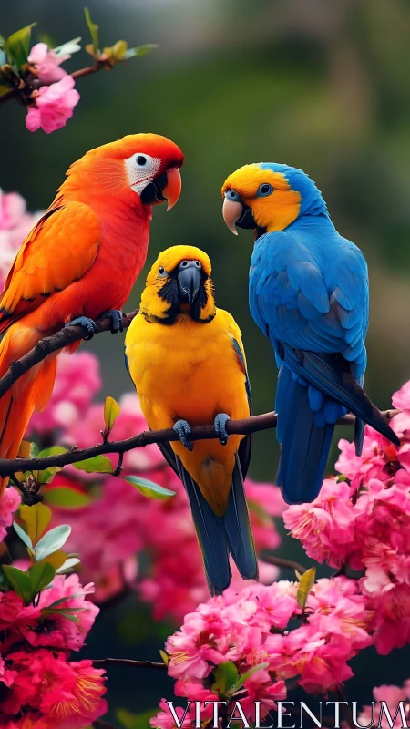 Vibrant macaws perch amid saturated pink blossom boughs.