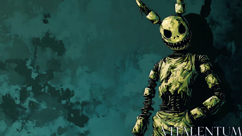 Grinning rabbit automaton resting in a moody teal corner.