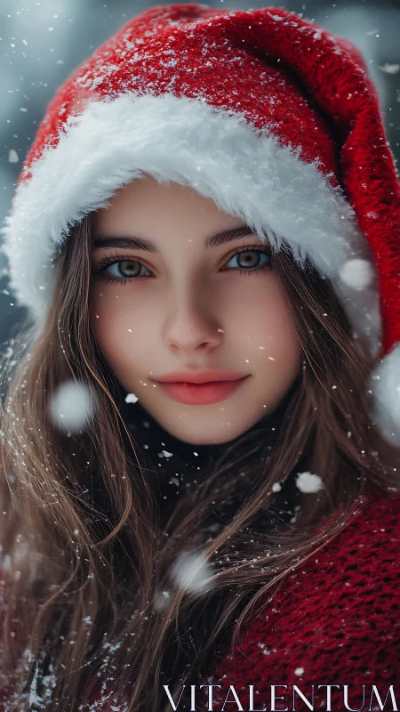 Portrait shows subject in red Santa hat during snowfall
