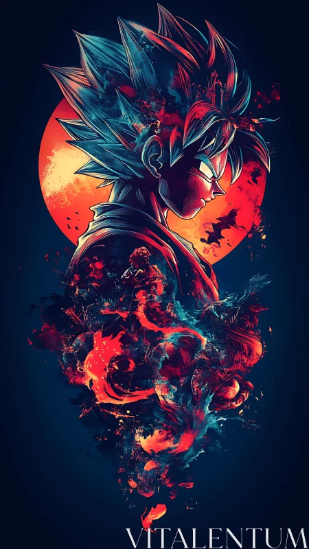 Energetic anime warrior silhouette in fiery nebula profile.
