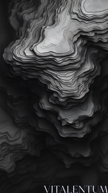 Monochrome layered contour forms in abstract topography.