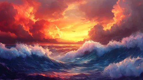 Storm-tossed ocean waves beneath incendiary sunset sky.