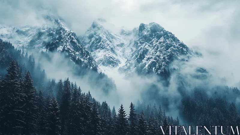Snow-laden alpine peaks emerge through dense atmospheric fog