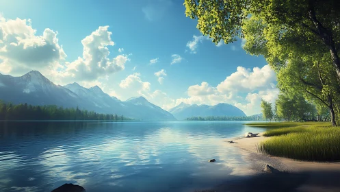 Sunlit alpine lake whispering beneath drifting summer clouds.