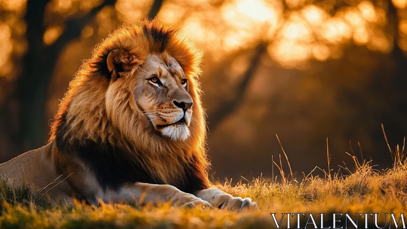 Golden sunset rests gently on a calm, watchful lion