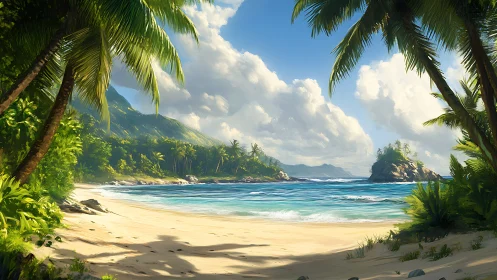 Tropical Paradise Beach Framed by Palm Canopy and Mountain Backdrop