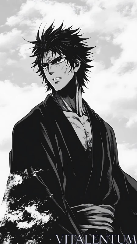 Stoic anime swordsman rendered in high-contrast monochrome ink