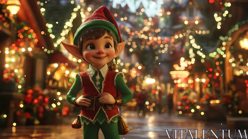Cartoon elf character in illuminated winter street scene.