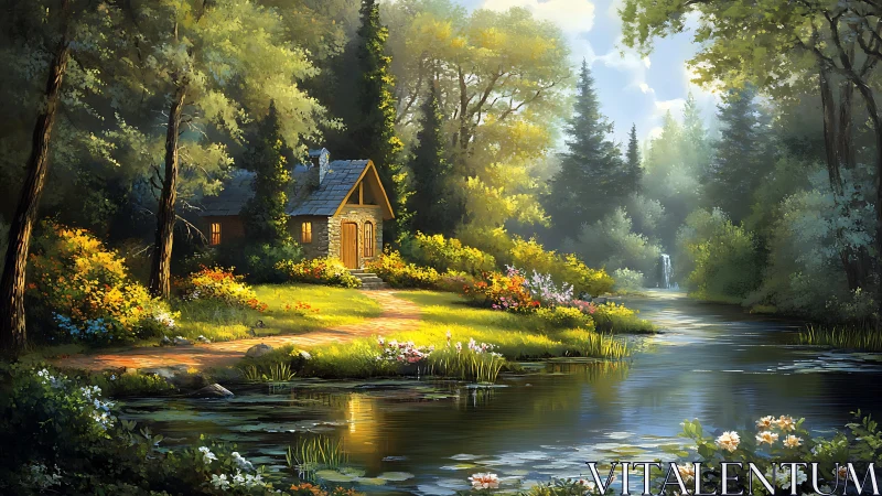 Sunlit forest cottage overlooks a tranquil riverside clearing.