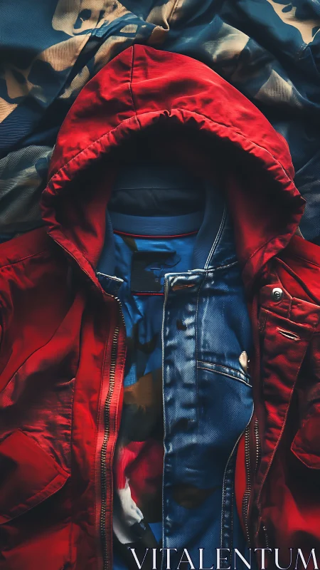 Red Nylon Jacket and Denim Composition with Dramatic Chiaroscuro.