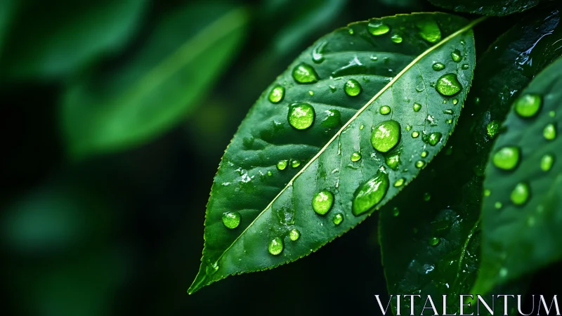 Close-up view of green leaf surface with water droplets.