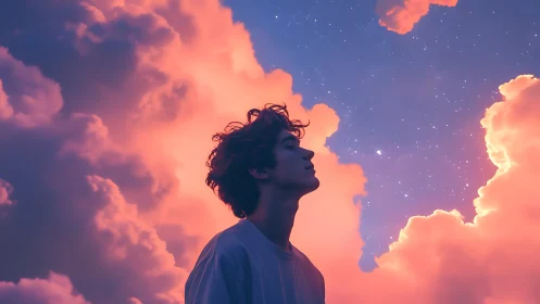 Silhouetted person profile against pink clouds and stars.