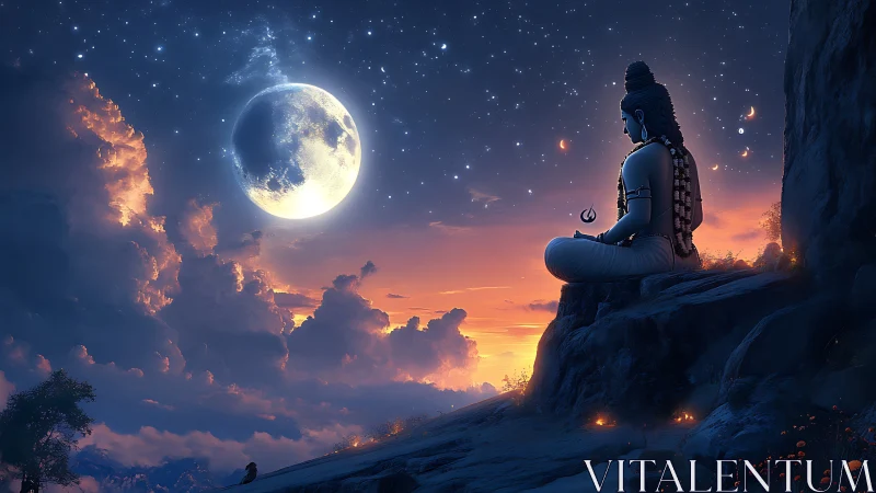 Meditating deity overlooks luminous moonlit twilight sky.