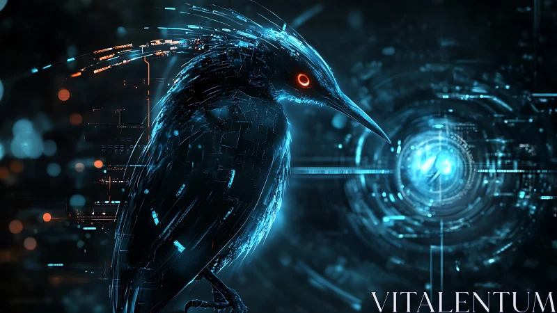 Cyberpunk avian construct in luminous neon circuitry field.