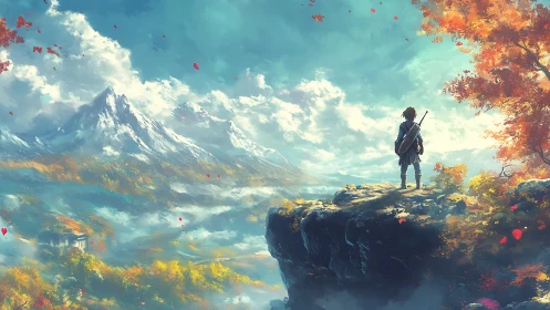 Lone cliff wanderer greeting a vast painted sky kingdom.