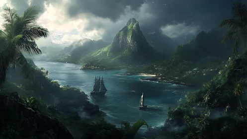 Tropical Island Landscape with Mountain Bay and Sailing Vessels