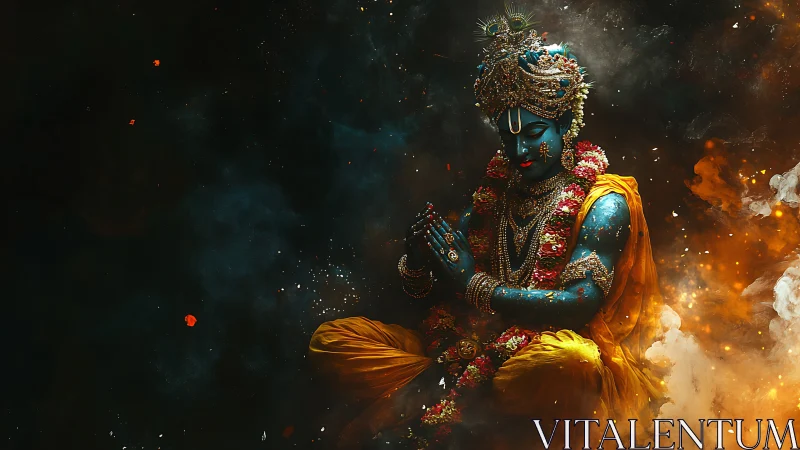 Divine blue deity in ornate garlands amid celestial smoke field