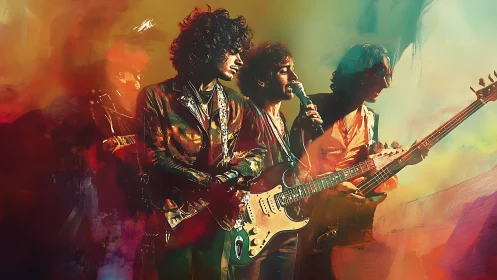 Electric rock band ignites stage in vivid abstract color storm