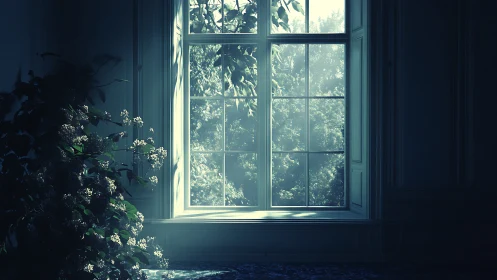 Moonlit foliage leans toward a hushed, dream-blue window