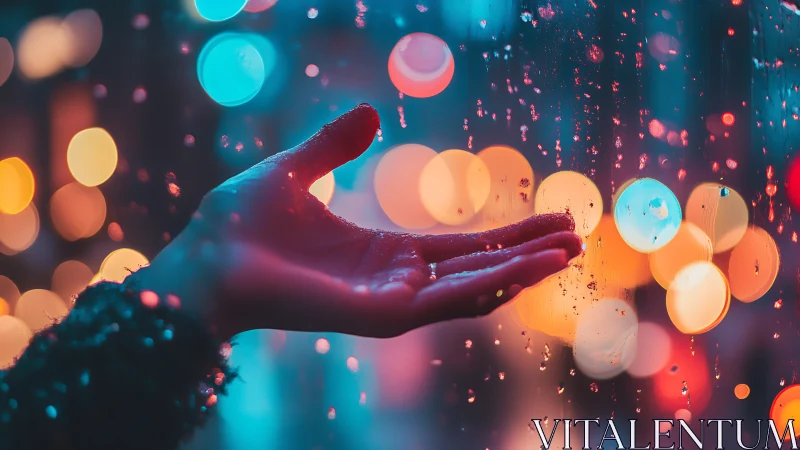 Outstretched hand catching rain amid neon city bokeh.