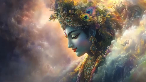 Profile depiction of jeweled blue figure amid diffuse clouds