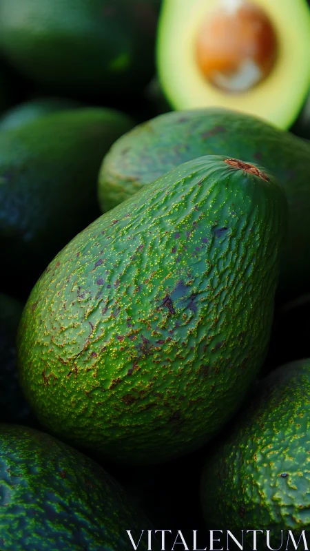 Richly textured avocado close-up under soft market light.