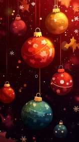 Vibrant digital illustration of suspended glowing Christmas baubles